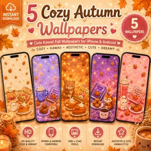 May include: Five Cozy Autumn Wallpapers for iPhone and Android. Each wallpaper features cute Kawaii fall-themed illustrations with pumpkins, books, and animals. The wallpapers are in warm colours and are HD quality.