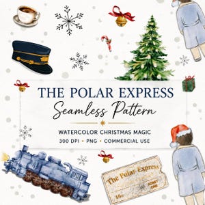 Polar Express Vintage Christmas Train Seamless Pattern, Watercolor Holiday Digital Paper (PNG/JPG)
