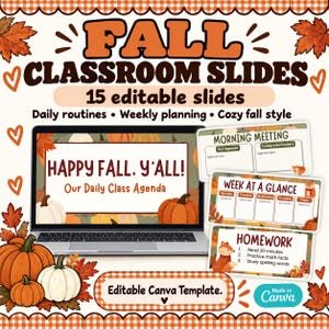 May include: A digital template for autumn-themed classroom slides featuring orange and white pumpkins, autumn leaves, and a checkered border. The text includes "FALL CLASSROOM SLIDES," "HAPPY FALL, Y'ALL!," "MORNING MEETING," "WEEK AT A GLANCE," and "HOMEWORK."