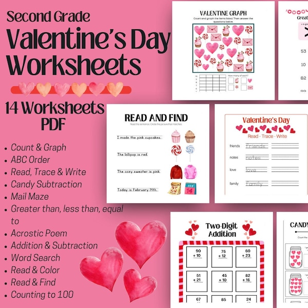 Second Grade Valentine's Day Worksheets, Workbook, Holiday, Math, Reading, Counting, Printable, Homeschool, Writing, Learning, Education