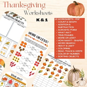 Thanksgiving Worksheets Kindergarten & First Grade, Workbook, Printable, Holiday, Activity, Reading, Writing, Math, Counting, Homeschool