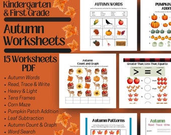 Fall Workbook for Kindergarten & 1st Grade, Math, Reading Activities