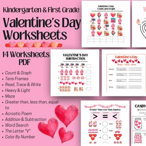 Kindergarten & First Grade Valentine&#39;s Day Worksheets, Workbook, Printable, Homeschool, Holiday, Reading, Writing, Math, Counting, Learning