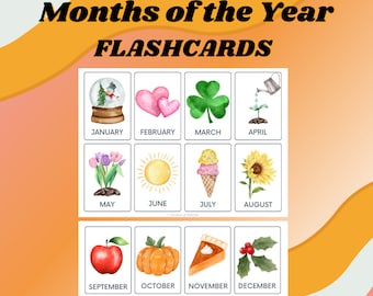 May include: A set of 12 flashcards featuring watercolor illustrations representing each month of the year. The illustrations include a snow globe, hearts, a shamrock, a seedling, tulips, a sun, an ice cream cone, a sunflower, an apple, a pumpkin, a slice of pie, and holly.