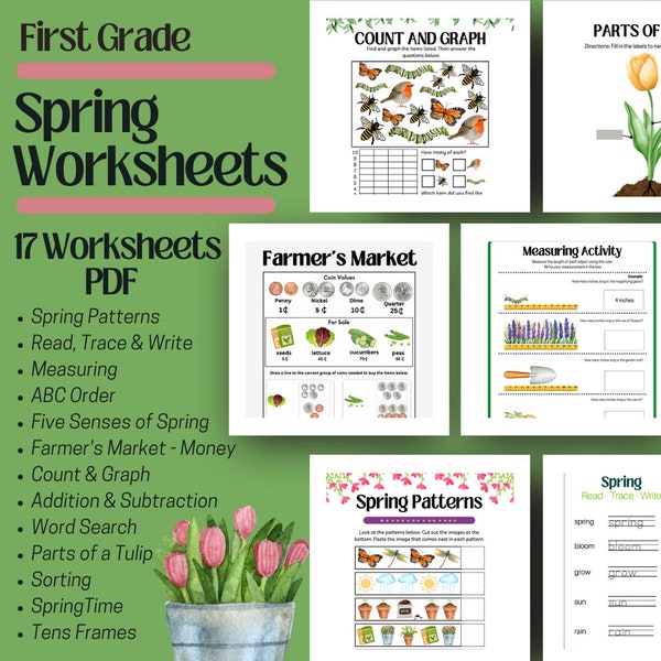 First Grade Spring Workbook, Worksheets, Printable, Math, Reading, Writing, Counting, Homeschool, Packet, Seasonal, Learning, Measuring, Fun