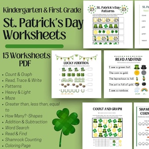 May include: A set of 15 printable St. Patrick's Day worksheets for kindergarten and first grade. The worksheets include activities such as counting, tracing, reading, and finding patterns. The worksheets feature shamrocks, leprechauns, gold coins, and rainbows.