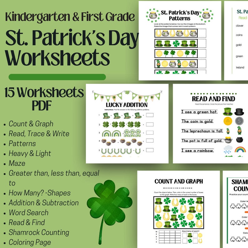 Kindergarten & First Grade St. Patrick's Day Worksheets, Holiday ...