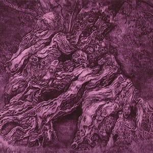 Peut inclure: Un gros tronc d'arbre noueux en gros plan, d'une teinte violette profonde. L'écorce est texturée et semble composée de nombreuses couches, créant une impression d'âge et d'histoire.