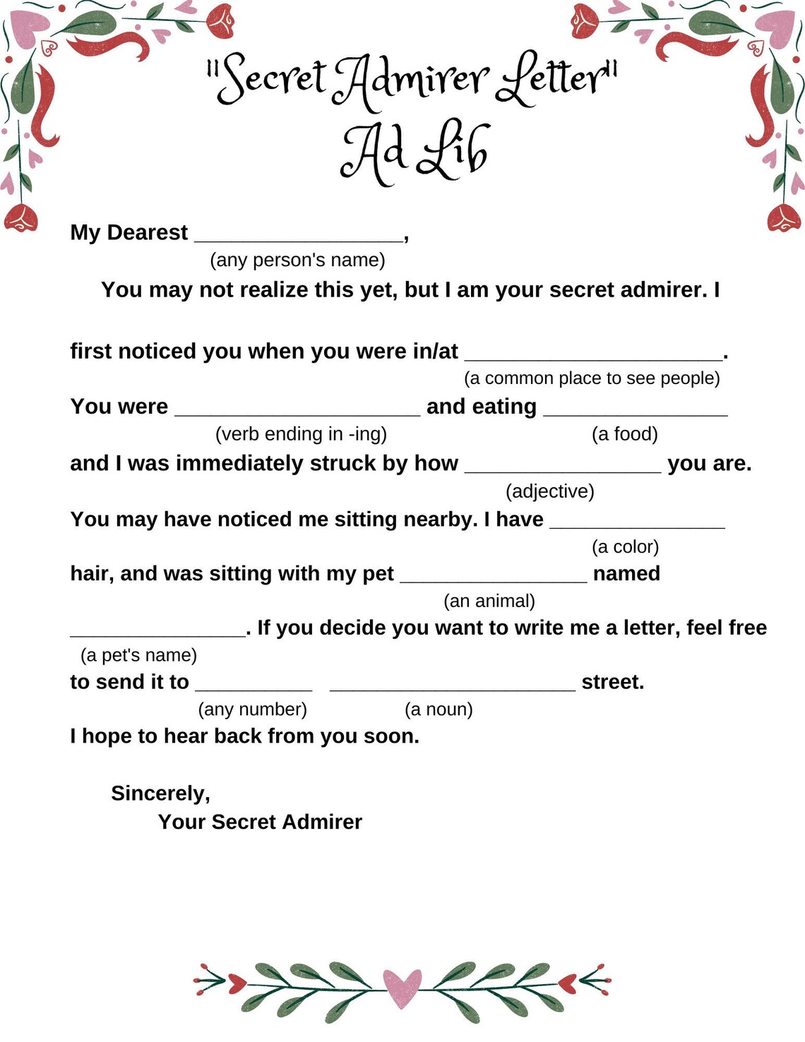 Valentine's Day Ad Lib Secret Admirer Theme - Etsy