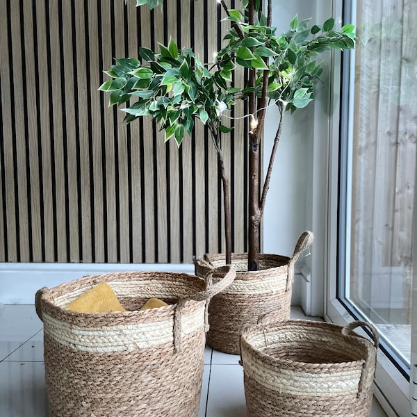 Natural & Cream Round Baskets, Jute Basket, Baskets with handles,baskets for Storage, planter Basket