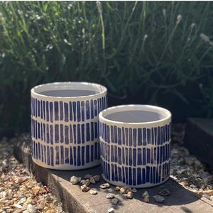 May include: Two ceramic plant pots. The pots are white with a blue vertical stripe design. The pots are different sizes and are on a wooden surface. The background features blurred green foliage.