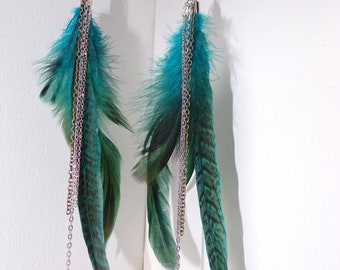 Blue feather, mixed metal, boho earrings, bohemian aztec spiritual azure jewlery