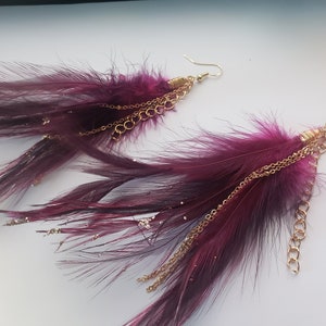 Viva Magenta, Long, Edgy, Boho Casual, Festival, long, feather Earrings