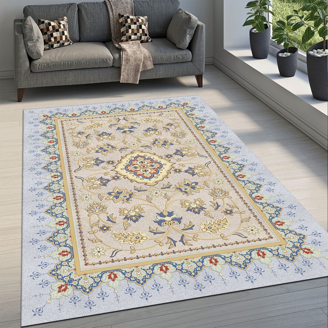 Soft Blue Rug 145 Turkish Carpet Pattern Rug Beige Details Etsy
