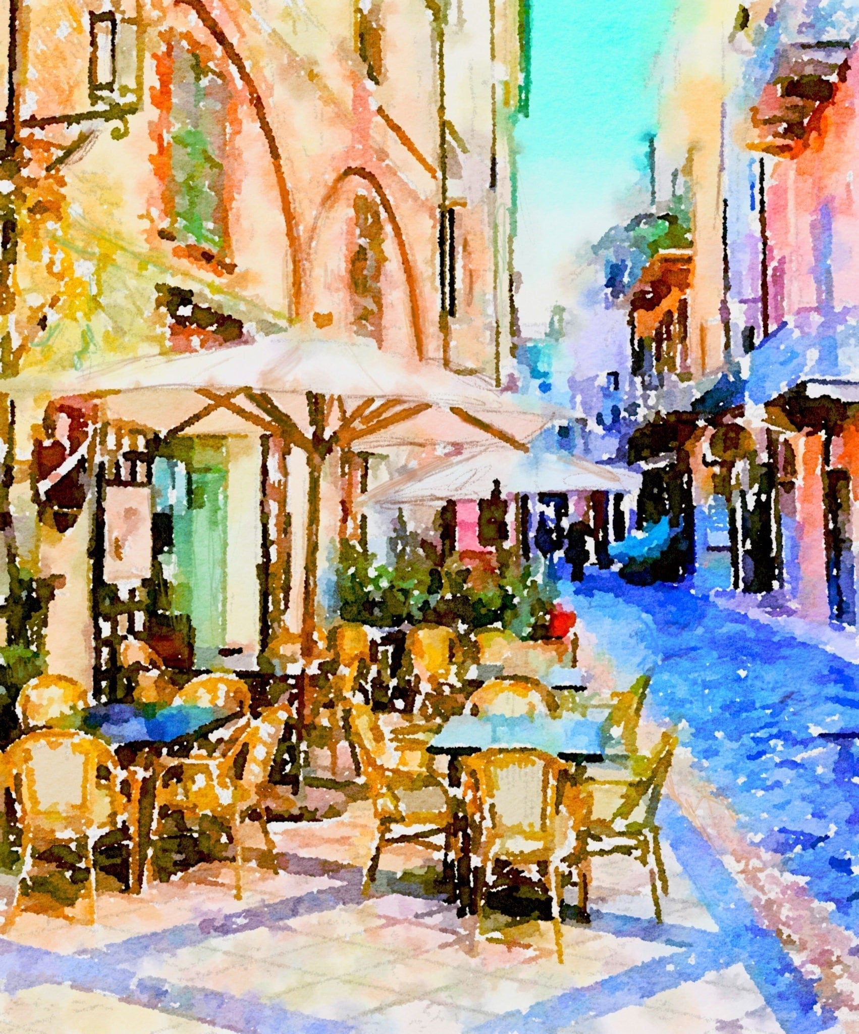 Watercolor Painting, Venice, Italy, Street Cafe Scene, Impressionist