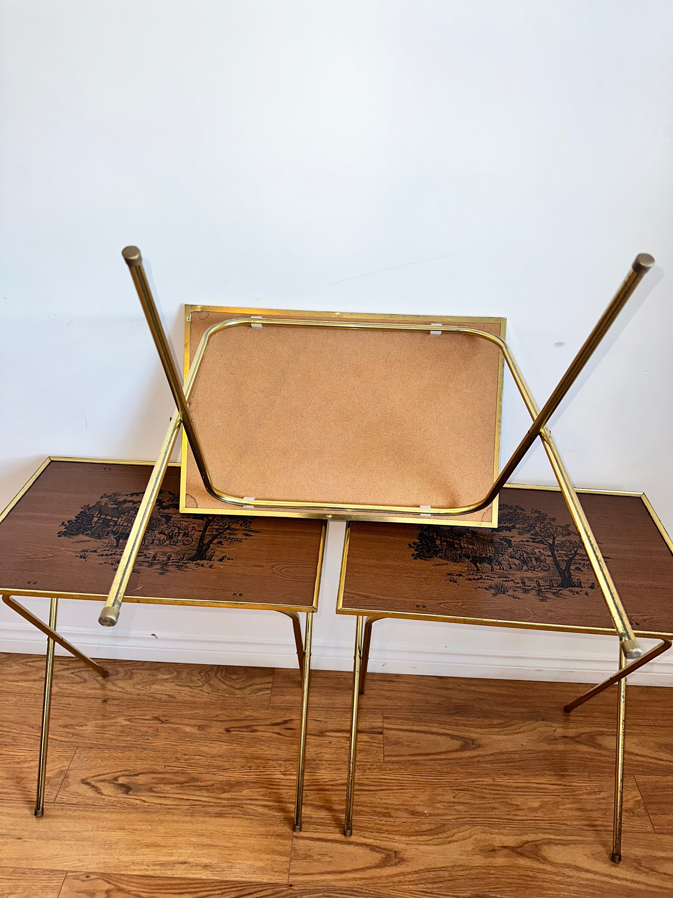 Vintage Folding TV Trays, Serving Tables, Brown With Gold Floral Design