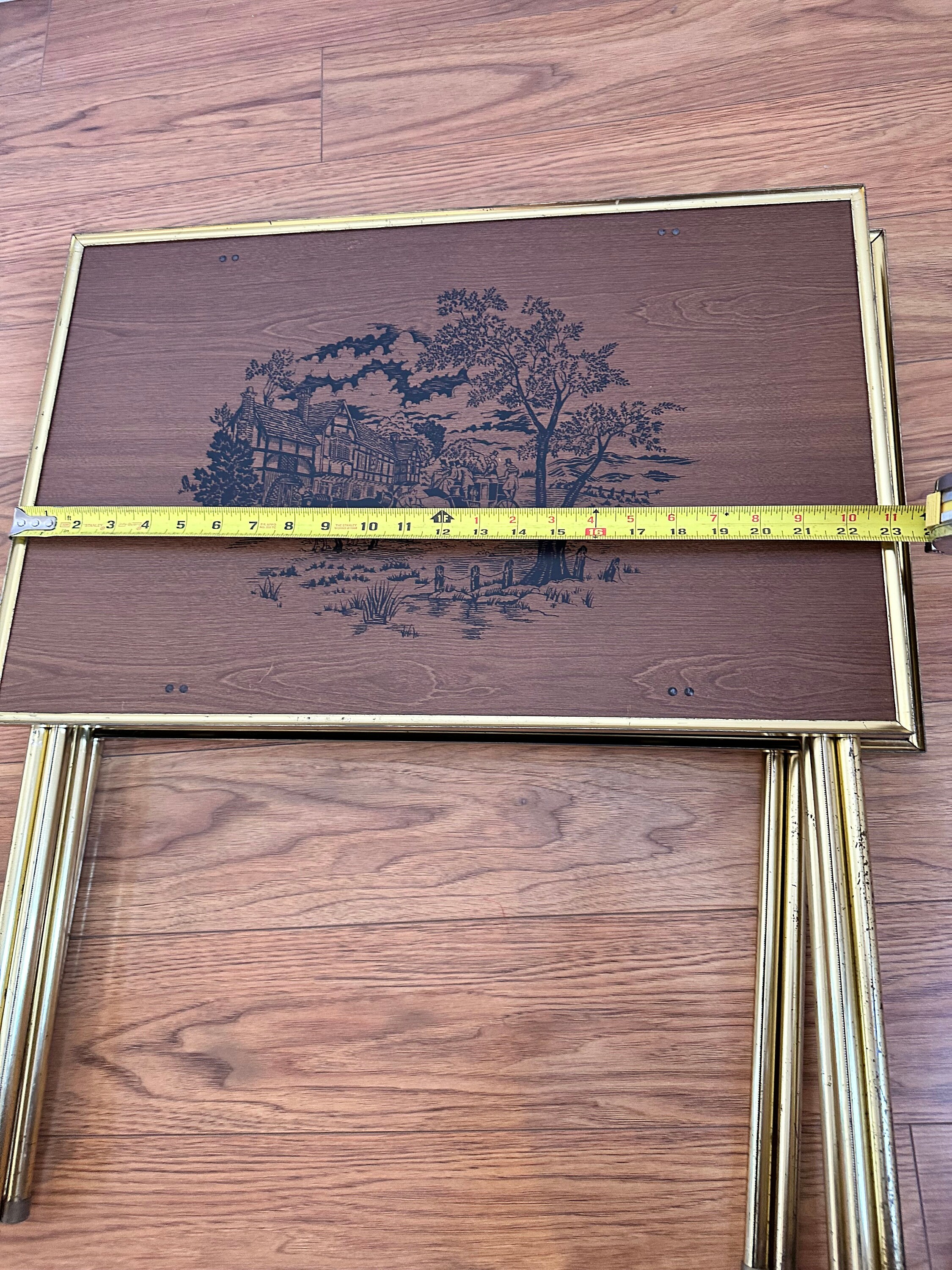 Vintage Folding TV Trays, Serving Tables, Brown With Gold Floral Design