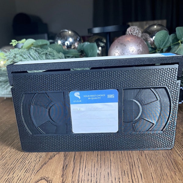Custom 3D Printed VHS Cassette Tape Storage Box with Blank Labels.