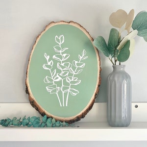 Eucalyptus Botanical Line Art | Original Painted Wood Slice | Minimalist Simple
