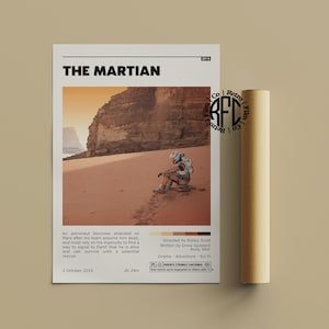 May include: A poster for the movie "The Martian" featuring an astronaut on a desert planet. The poster includes the movie title, credits, and a summary of the plot. A rolled-up poster is next to the poster.
