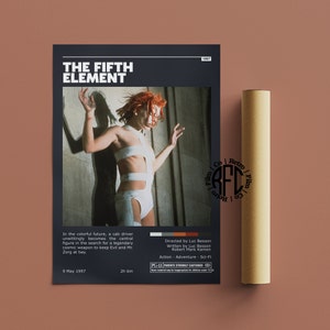 Puede incluir: Un póster de película para la película de 1997 "El quinto elemento". El póster presenta a una mujer con un atuendo blanco de pie frente a una pared de ladrillos. El texto "El quinto elemento" está en letras grandes y en negrita en la parte superior del póster. El póster también incluye la fecha de estreno de la película, "9 de mayo de 1997", y su duración, "2h 6m".