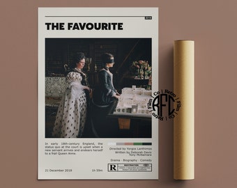 May include: A movie poster for "The Favourite" with a beige background. The poster features a scene from the film with two women in period costumes. The poster includes the film's title, release year, and credits. A rolled-up poster is on the right.