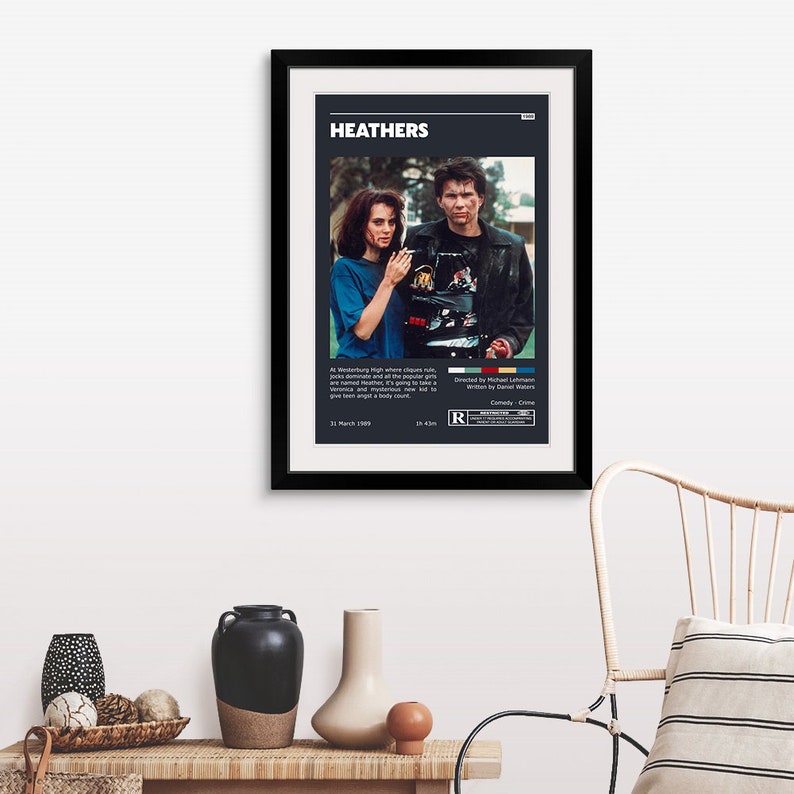 May include: A black framed movie poster for the film "Heathers" featuring a scene with two characters. The poster includes the film's title, release date, rating, and genre. The poster is on a white wall with a wooden table and a chair in the background.