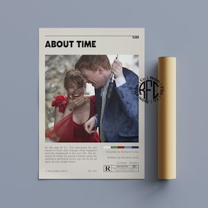 May include: A movie poster for the film "About Time" featuring a couple laughing in the rain. The poster is in a retro style with a red, white, and blue color scheme. The text on the poster reads "About Time" and "Directed by Richard Curtis".