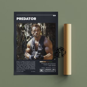 Puede incluir: Un cartel de película para la película de acción de 1987 "Predator" con Arnold Schwarzenegger. El cartel tiene un fondo negro con texto blanco y un símbolo de clasificación "R" rojo. El texto en el cartel dice "Predator", "1987", "Dirigida por John McTiernan", "Escrita por Jim Thomas John Thomas", "Acción Aventura Terror", "Restringido", "Los menores de 17 años deben ir acompañados de un padre o tutor adulto", "12 de junio de 1987", "1h 47m".
