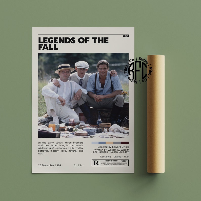 Op de afbeelding: Een filmposter voor "Legends of the Fall", met drie broers die op een deken in een veld zitten. De poster bevat de titel van de film, de releasedatum en een beschrijving van het verhaal van de film. De film is geclassificeerd als R.