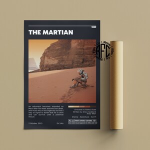 May include: A movie poster for the film "The Martian" featuring a lone astronaut in a spacesuit sitting on a red, sandy surface with a rocky cliff in the background. The poster includes the film's title, release date, and a parental guidance rating.