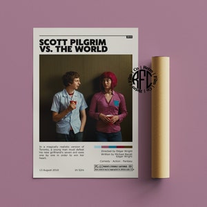 May include: A movie poster for the film "Scott Pilgrim vs. The World" featuring two characters, a man and a woman, standing in front of a green wall. The poster includes the film's title, release date, and a rating of PG-13.