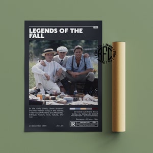 Op de afbeelding: Een filmposter voor "Legends of the Fall" met drie broers en hun vader op een veld. De poster is zwart-wit met een rode "R"-classificatie. De tekst op de poster luidt "Legends of the Fall", "Regie: Edward Zwick", "Scenario: William D. Witt", "Jim Harrison", "Susan Shilday", "Romantische film", "Drama", "Oorlog", "23 december 1994", "2h 13m", en "R".