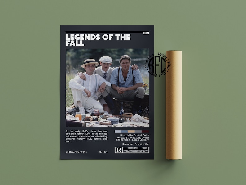 Op de afbeelding: Een filmposter voor "Legends of the Fall" met drie broers en hun vader op een veld. De poster is zwart-wit met een rode "R"-classificatie. De tekst op de poster luidt "Legends of the Fall", "Regie: Edward Zwick", "Scenario: William D. Witt", "Jim Harrison", "Susan Shilday", "Romantische film", "Drama", "Oorlog", "23 december 1994", "2h 13m", en "R".