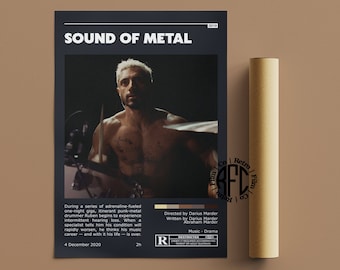 May include: A movie poster for the film "Sound of Metal" released in 2019. The poster features a close-up of the film's star, Riz Ahmed, playing the drums. The poster is black with white text and a red "R" rating.