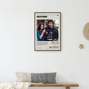 May include: A movie poster for the film "Heathers" featuring Winona Ryder and Christian Slater. The poster is in a minimalist style with a white background and black text. The film's title is in large, bold letters at the top of the poster. The actors' names are listed below the title, along with the film's release date and rating.