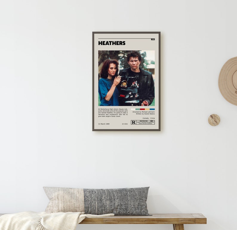 May include: A movie poster for the film "Heathers" featuring Winona Ryder and Christian Slater. The poster is in a minimalist style with a white background and black text. The film's title is in large, bold letters at the top of the poster. The actors' names are listed below the title, along with the film's release date and rating.