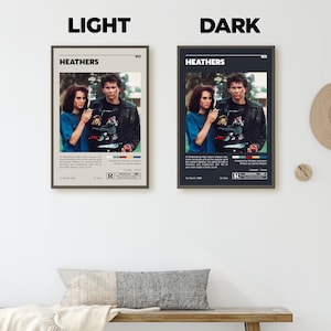 May include: A vintage movie poster for the film "Heathers" featuring a black and white image of two actors. The poster has a black border and a red "R" rating. The text on the poster reads "Heathers", "Directed by Michael Lehmann", "Written by Daniel Waters", "Comedy", "Crime", "31 March 1989", "1h 34m", "15", "4,330", "R", "RESTRICTED", "Comedy", "Crime".