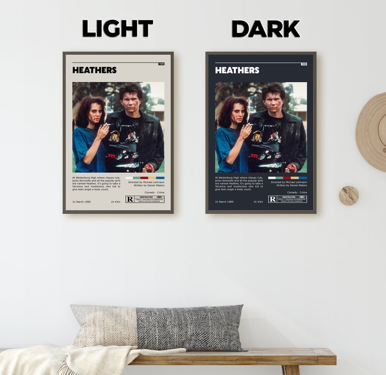 May include: A vintage movie poster for the film "Heathers" featuring a black and white image of two actors. The poster has a black border and a red "R" rating. The text on the poster reads "Heathers", "Directed by Michael Lehmann", "Written by Daniel Waters", "Comedy", "Crime", "31 March 1989", "1h 34m", "15", "4,330", "R", "RESTRICTED", "Comedy", "Crime".