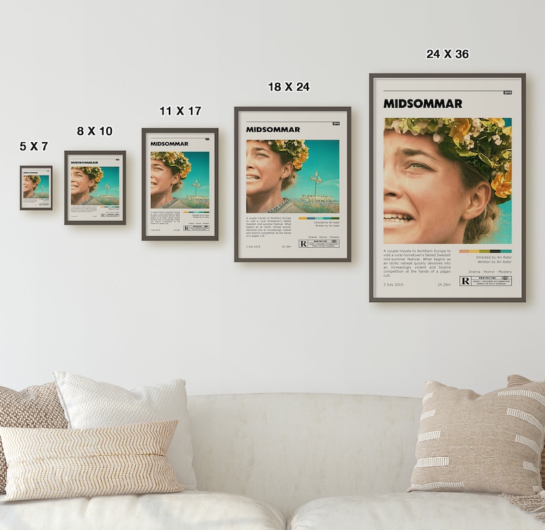 Op de afbeelding: Een set van vijf verschillende afdrukken van de filmposter voor de film "Midsommar". De poster toont een close-up van het hoofdpersonage, een jonge vrouw met een bloemenkrans, die er angstig uitziet. De poster is in vintage stijl met een geel en bruin kleurenschema. De tekst "Midsommar" staat in grote, vetgedrukte letters bovenaan de poster. De poster bevat ook de leeftijdsclassificatie van de film, de releasedatum en het genre.