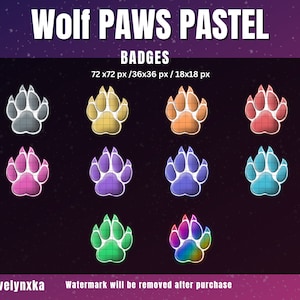 Puede incluir: Nueve huellas de patas de lobo de diferentes colores con un contorno blanco. Las huellas de patas están en un patrón de cuadrícula. El texto "Wolf PAWS PASTEL" está en la parte superior de la imagen. El texto "BADGES" está debajo de las huellas de patas. El texto "72 x72 px / 36x36 px / 18x18 px" está debajo de la palabra "BADGES". El texto "Evelynxka" y "Watermark will be removed after purchase" está en la parte inferior de la imagen.