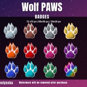 May include: Nine different colored paw print badges in various sizes. The badges are in a grid pattern on a dark background. The text "Wolf PAWS" is at the top of the image and the text "BADGES" is below it. The text "72 x72 px / 36x36 px / 18x18 px" is below the word "BADGES". The text "Evelynxka" and a play button icon are in the bottom left corner of the image. The text "Watermark will be removed after purchase" is in the bottom right corner of the image.