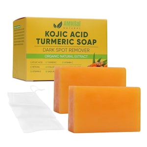 AMVital Kojic-Acid TURMERIC Soap for Face & Body with Hyaluronic-Acid, Vitamin C, Vitamin E, Shea Butter, Castile Olive Oil (2 Pack)