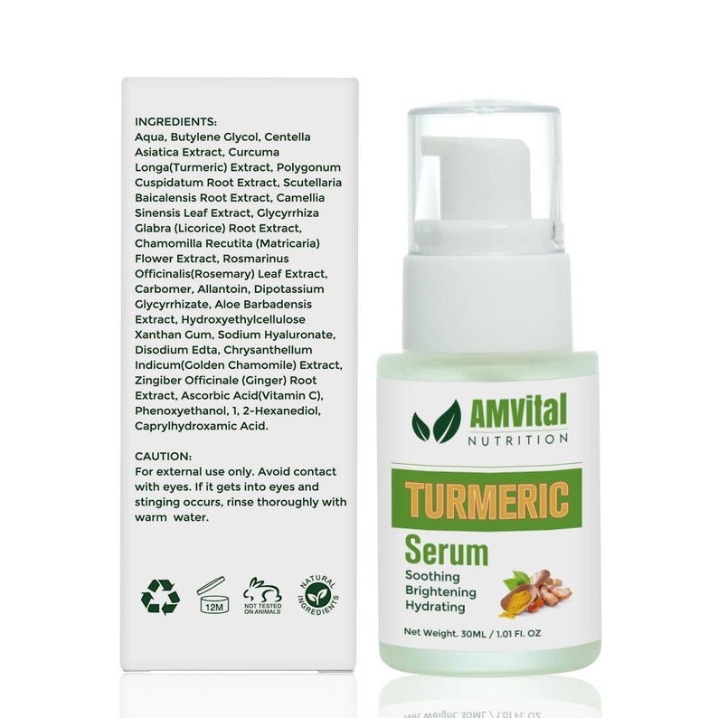 Peut inclure: Bouteille de s&eacute;rum de curcuma AMVital verte et blanche avec un distributeur &agrave; pompe. L'&eacute;tiquette comprend le nom du produit, "S&eacute;rum de curcuma", et les mots "Apaisant, &Eacute;claircissant, Hydratant". Poids net 30 ml.