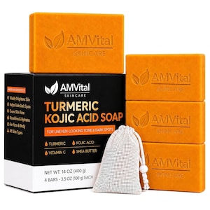 May include: Four rectangular orange bars of AMVital Skincare Turmeric Kojic Acid Soap, each embossed with a leaf logo and brand name. A black product box displays the text Turmeric Kojic Acid Soap, ingredients, and a net weight of 14 oz (400 g).
