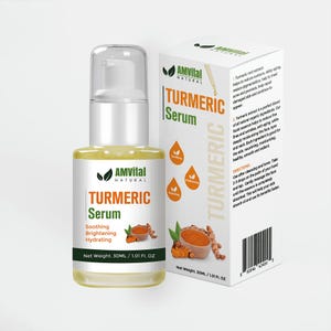 Peut inclure: Un flacon de s&eacute;rum de curcuma naturel AMVital avec un distributeur &agrave; pompe, &agrave; c&ocirc;t&eacute; d'une bo&icirc;te assortie. L'&eacute;tiquette indique "S&eacute;rum de curcuma" avec "Apaisant, &Eacute;claircissant, Hydratant". Le poids net est de 30 ml.
