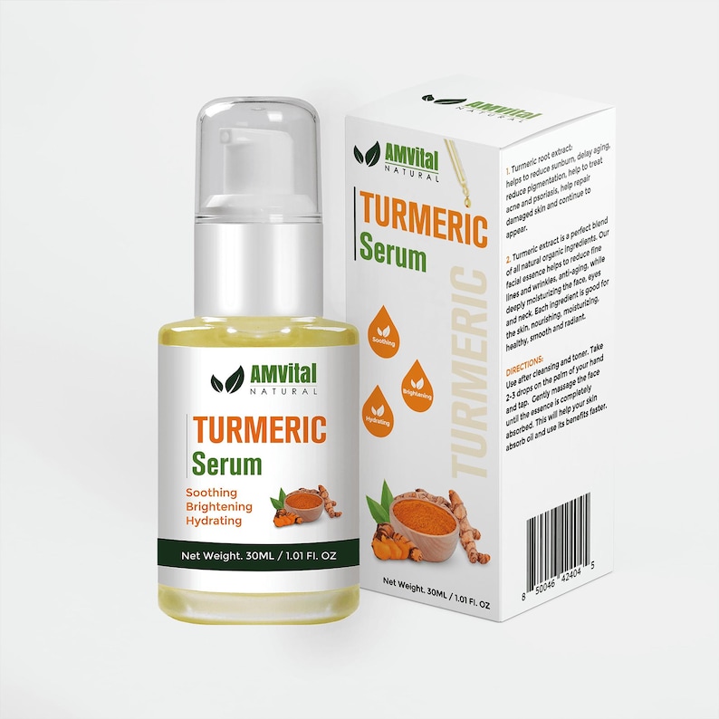 Peut inclure: Un flacon de s&eacute;rum de curcuma naturel AMVital avec un distributeur &agrave; pompe, &agrave; c&ocirc;t&eacute; d'une bo&icirc;te assortie. L'&eacute;tiquette indique "S&eacute;rum de curcuma" avec "Apaisant, &Eacute;claircissant, Hydratant". Le poids net est de 30 ml.