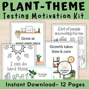 Könnte beinhalten: Ein Set aus 12 druckbaren Motivationspostern mit Pflanzen-Thema. Die Poster zeigen Illustrationen von Pflanzen, einer Sonne und einer Uhr. Der Text auf den Postern enthält Sätze wie "Wachse in deinem eigenen Tempo" und "Viele Menschen drücken dir die Daumen".