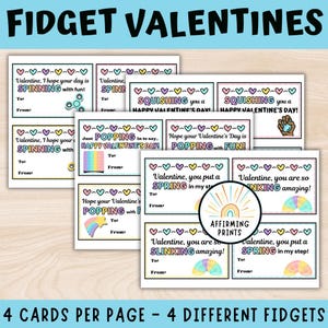 Puede incluir: Ocho tarjetas de San Valent&iacute;n imprimibles con diferentes juguetes sensoriales. Las tarjetas tienen un tema de arco&iacute;ris e incluyen el texto "SPINNING", "POPPING", "SQUISHING" y "SLINKING".