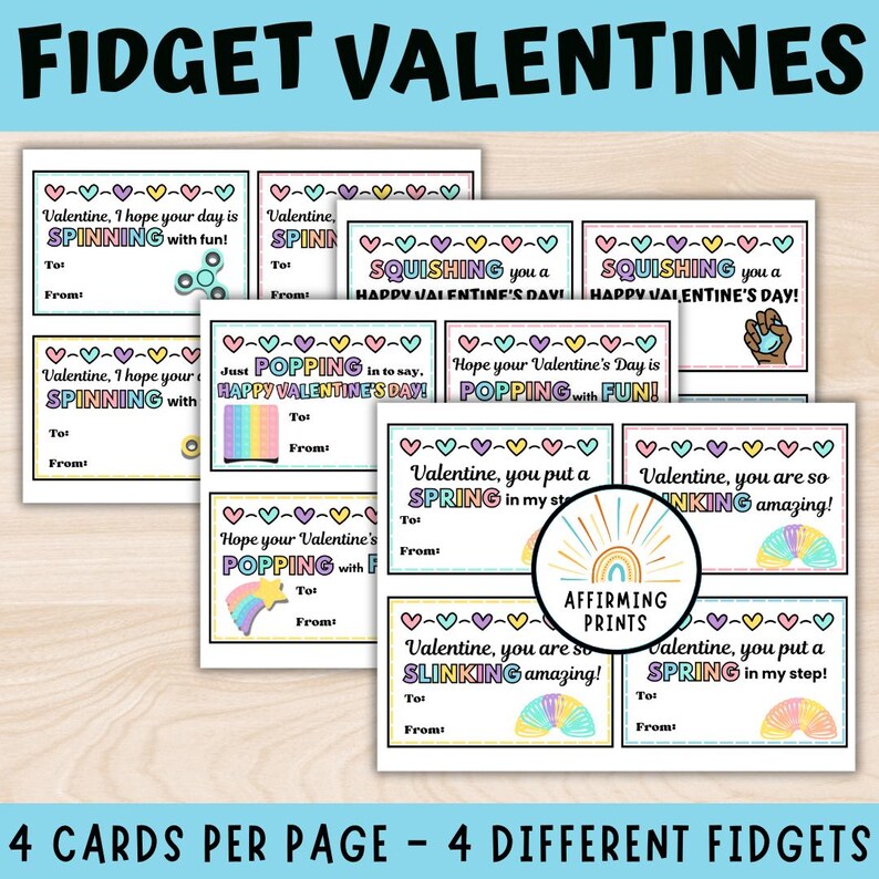 Puede incluir: Ocho tarjetas de San Valent&iacute;n imprimibles con diferentes juguetes sensoriales. Las tarjetas tienen un tema de arco&iacute;ris e incluyen el texto "SPINNING", "POPPING", "SQUISHING" y "SLINKING".